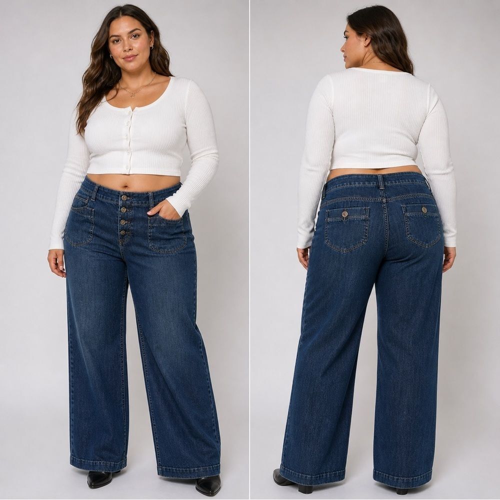 America Eagle Outfitters Wide Flare Leg Denim Medium Dark Wash Blue Jeans 14